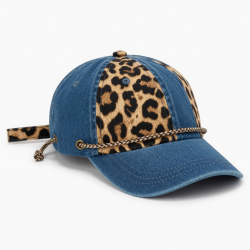 Hat Denim Leopard Strap Drawstring Adjustable Western