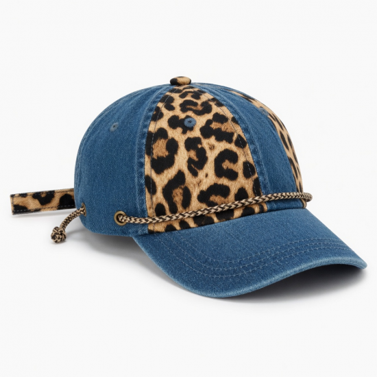Hat Denim Leopard Strap Drawstring Adjustable Western