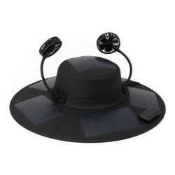 Fan Solar Hat Wide Brim 2 USB Rechargeable Fishing Hiking Black