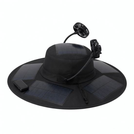 Fan Solar Hat Wide Brim 2 USB Rechargeable Fishing Hiking Black