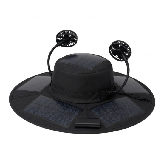 Fan Solar Hat Wide Brim 2 USB Rechargeable Fishing Hiking Black